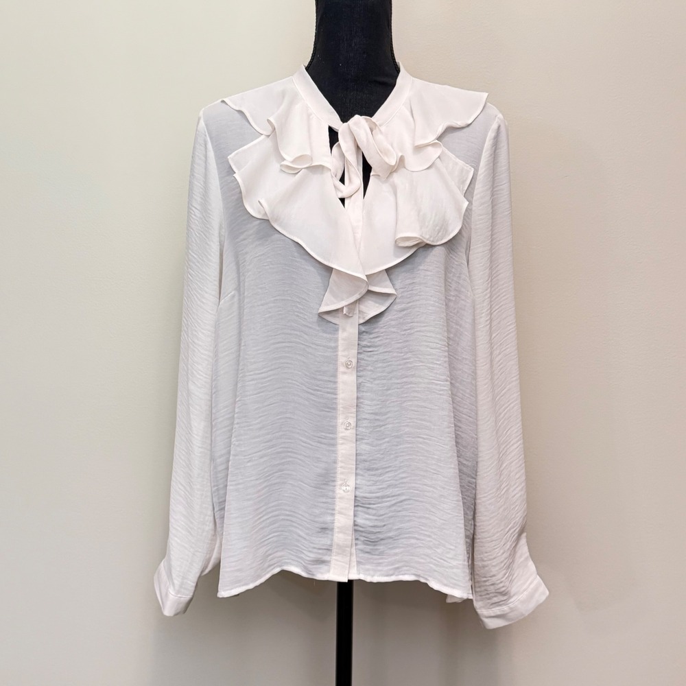 Atmosphere Ivory Ruffle Tie Button Front Blouse Long Sleeve Textured Womens 14